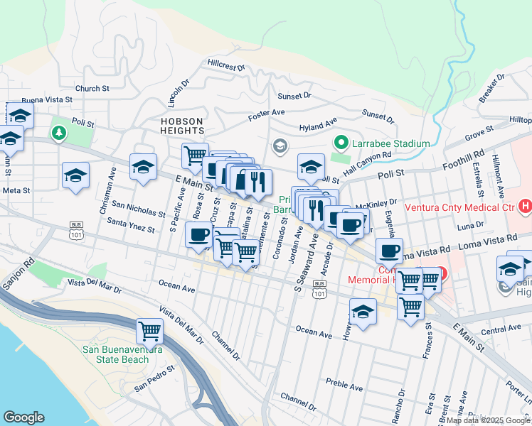 map of restaurants, bars, coffee shops, grocery stores, and more near 51 Coronado Street in Ventura