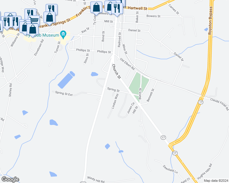 map of restaurants, bars, coffee shops, grocery stores, and more near 135 Spring Street in Royston