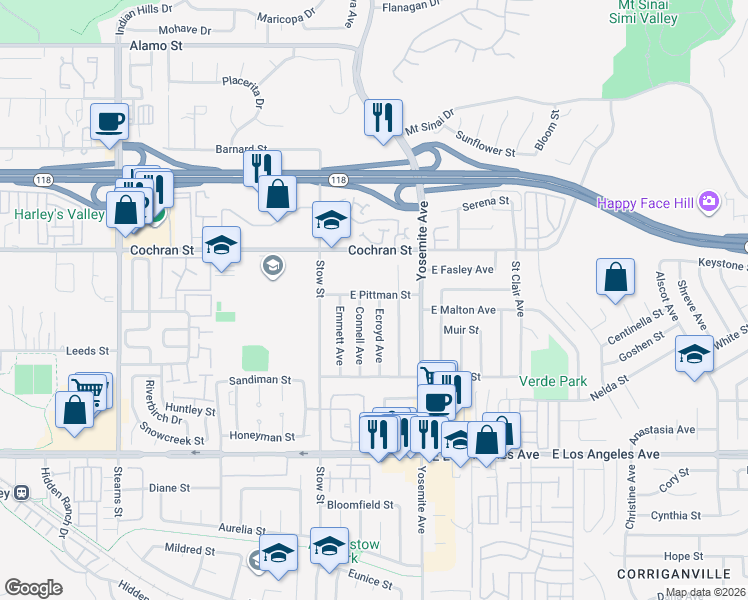 map of restaurants, bars, coffee shops, grocery stores, and more near 2266 Ecroyd Avenue in Simi Valley