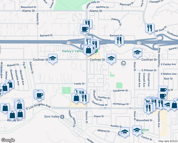 map of restaurants, bars, coffee shops, grocery stores, and more near 2317 Hampton Avenue in Simi Valley
