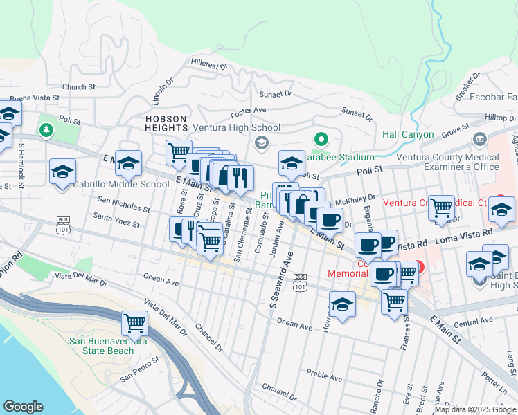 map of restaurants, bars, coffee shops, grocery stores, and more near 2176 Main Street in Ventura