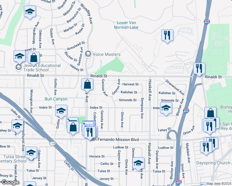 map of restaurants, bars, coffee shops, grocery stores, and more near 11372 Gaynor Avenue in Los Angeles