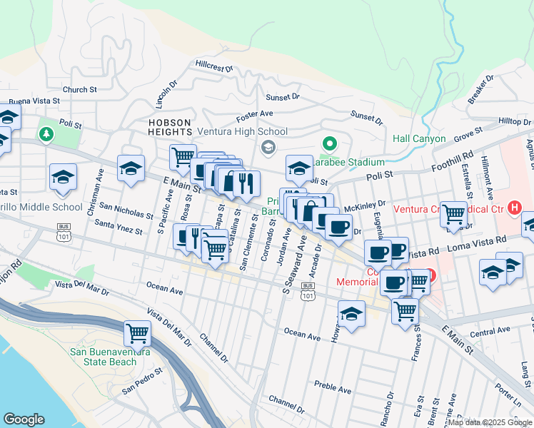 map of restaurants, bars, coffee shops, grocery stores, and more near 51 Coronado Street in Ventura