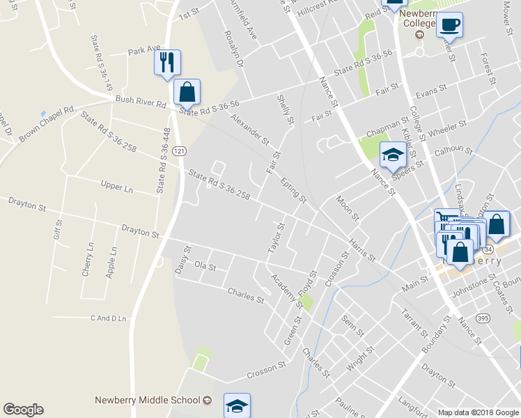 map of restaurants, bars, coffee shops, grocery stores, and more near 830 Wardlaw Street in Newberry
