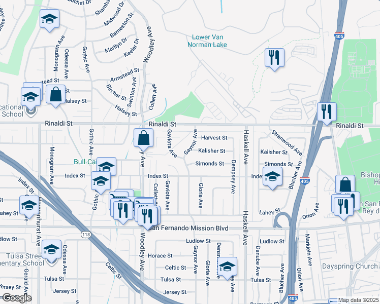 map of restaurants, bars, coffee shops, grocery stores, and more near 11372 Gaynor Avenue in Los Angeles