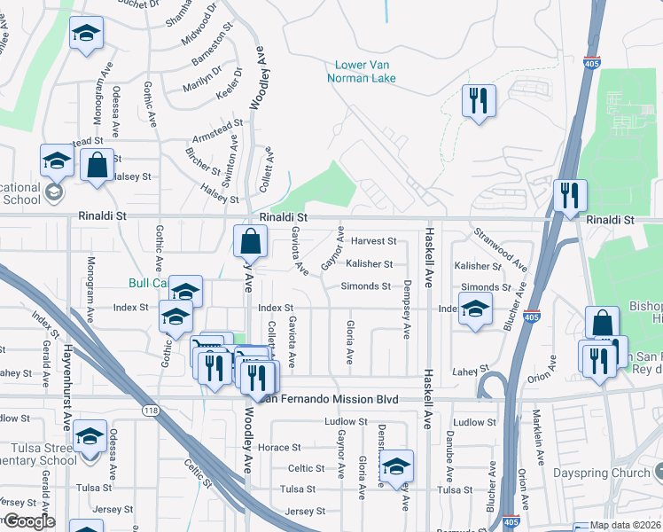 map of restaurants, bars, coffee shops, grocery stores, and more near 11372 Gaynor Avenue in Los Angeles