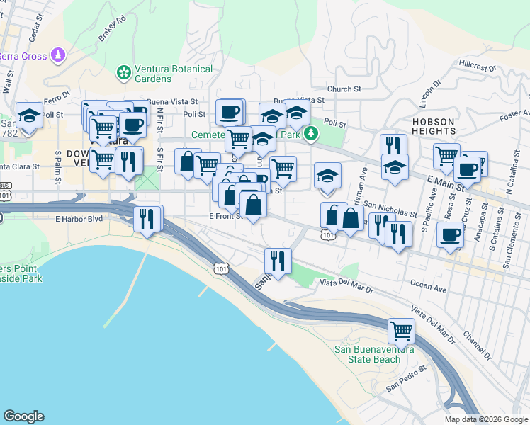 map of restaurants, bars, coffee shops, grocery stores, and more near East Thompson Boulevard in Ventura
