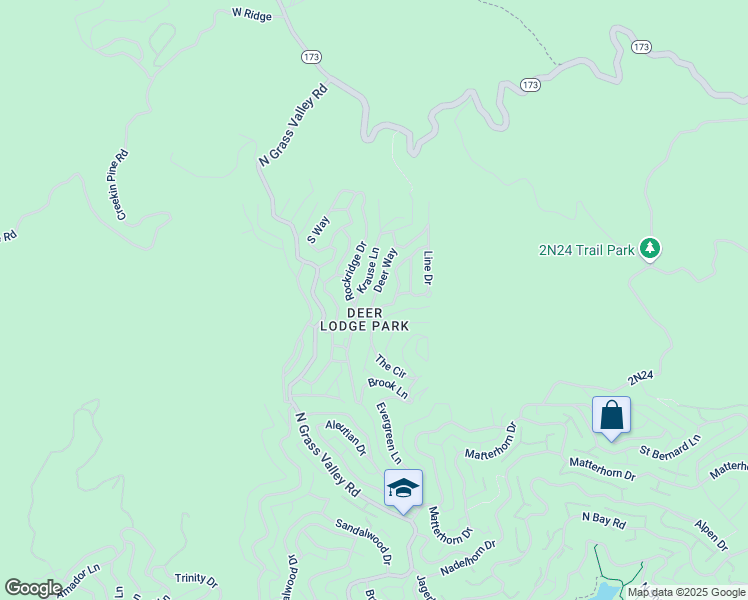 map of restaurants, bars, coffee shops, grocery stores, and more near Deer Way in Lake Arrowhead