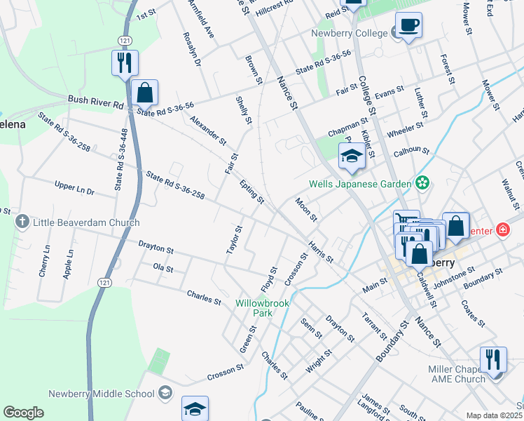 map of restaurants, bars, coffee shops, grocery stores, and more near 1718 Vincent Street in Newberry
