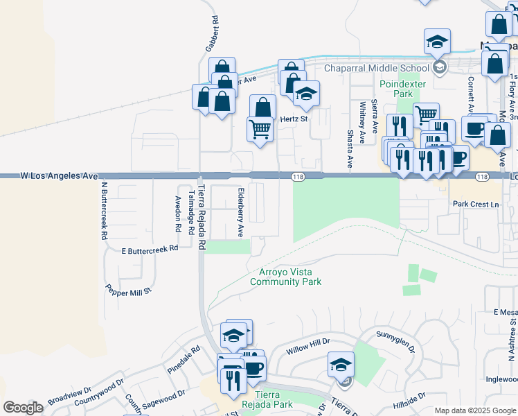 map of restaurants, bars, coffee shops, grocery stores, and more near Arroyo Run in Moorpark