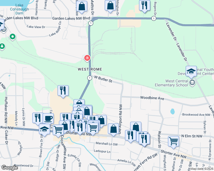 map of restaurants, bars, coffee shops, grocery stores, and more near 23 West Butler Street in Rome