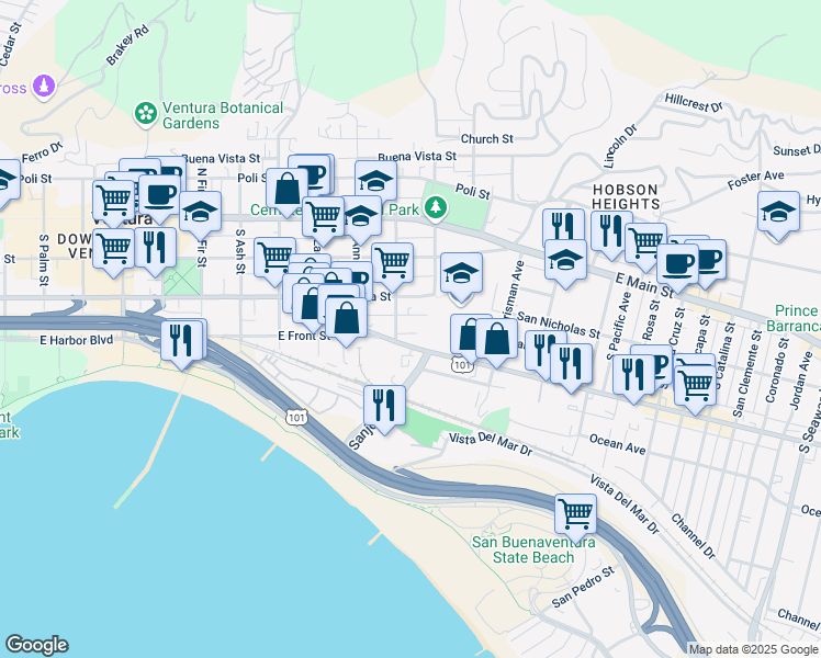 map of restaurants, bars, coffee shops, grocery stores, and more near 1256 Meta Street in Ventura