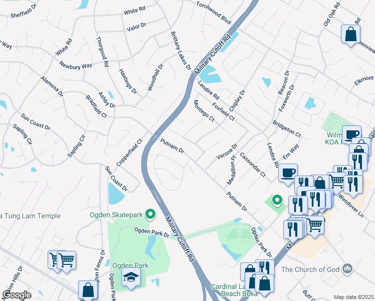 map of restaurants, bars, coffee shops, grocery stores, and more near 414 Putnam Drive in Wilmington