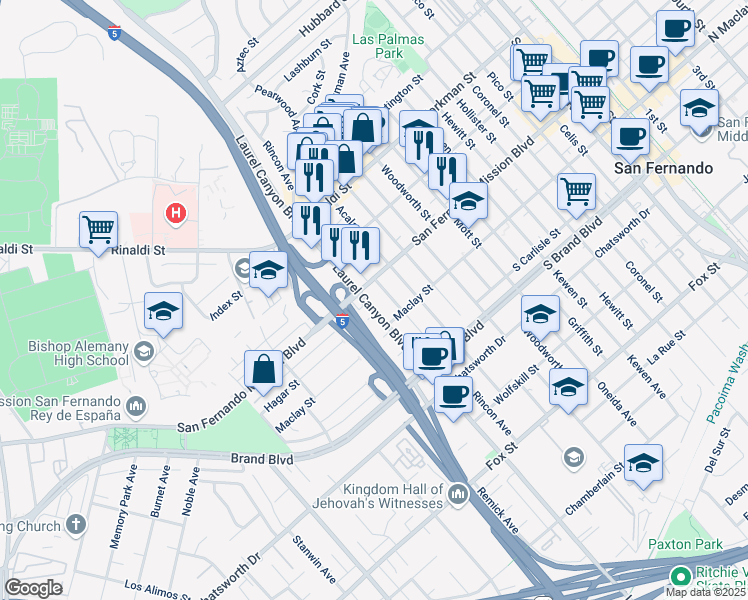 map of restaurants, bars, coffee shops, grocery stores, and more near 11430 Laurel Canyon Boulevard in San Fernando