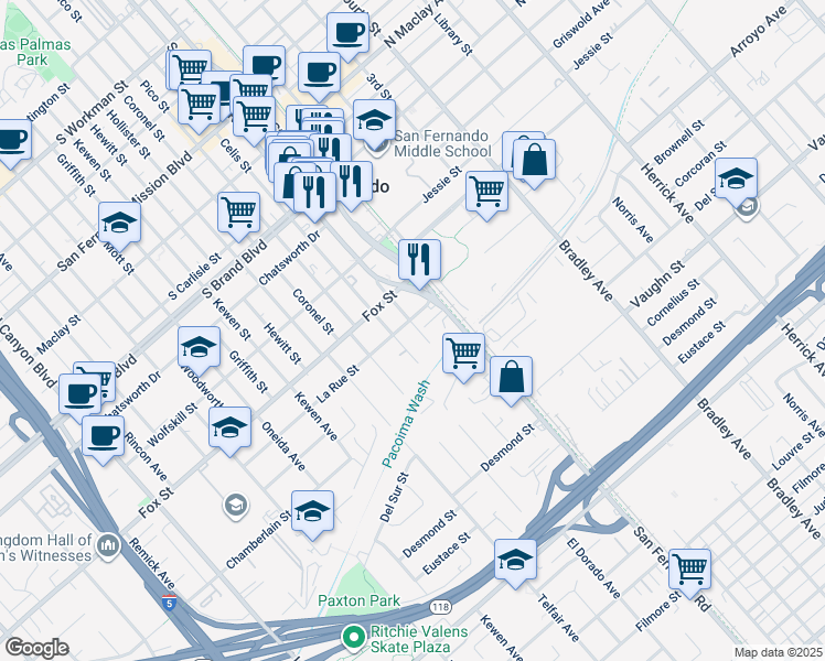 map of restaurants, bars, coffee shops, grocery stores, and more near 11461 San Fernando Road in San Fernando