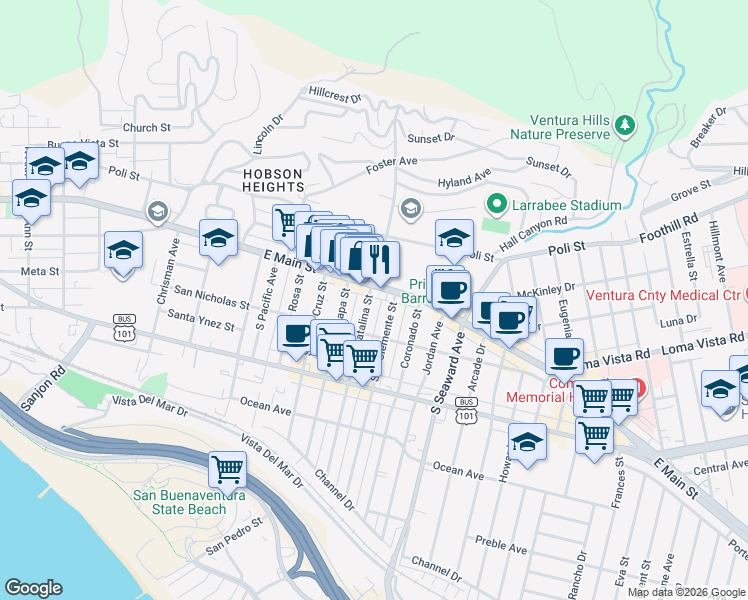 map of restaurants, bars, coffee shops, grocery stores, and more near East Main Street in Ventura