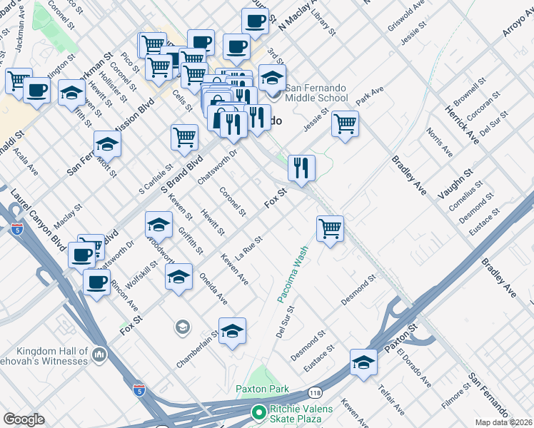 map of restaurants, bars, coffee shops, grocery stores, and more near 13966 Fox Street in San Fernando