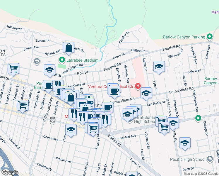 map of restaurants, bars, coffee shops, grocery stores, and more near 286 Homer Avenue in Ventura