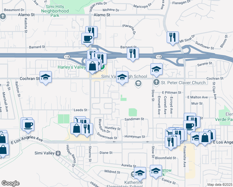 map of restaurants, bars, coffee shops, grocery stores, and more near 2352 Archwood Lane in Simi Valley