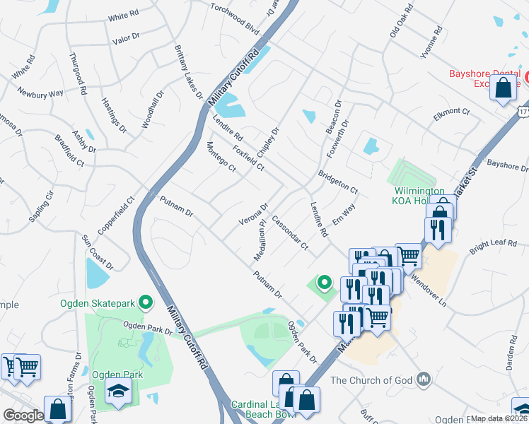 map of restaurants, bars, coffee shops, grocery stores, and more near 403 Montego Court in Wilmington