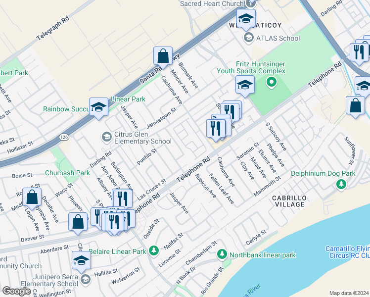 map of restaurants, bars, coffee shops, grocery stores, and more near 1025 Cachuma Avenue in Ventura