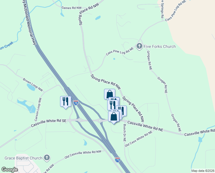 map of restaurants, bars, coffee shops, grocery stores, and more near 55 Spring Place Road Northeast in Cartersville
