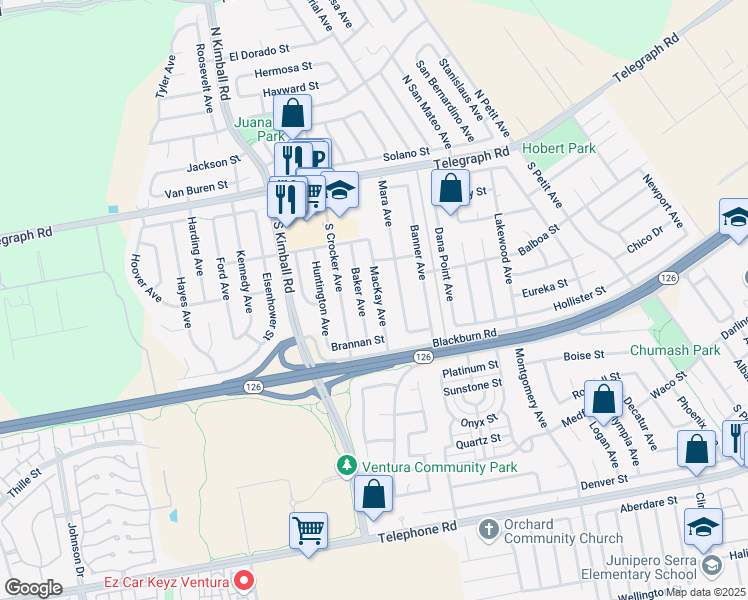 map of restaurants, bars, coffee shops, grocery stores, and more near 307 Mackay Avenue in Ventura