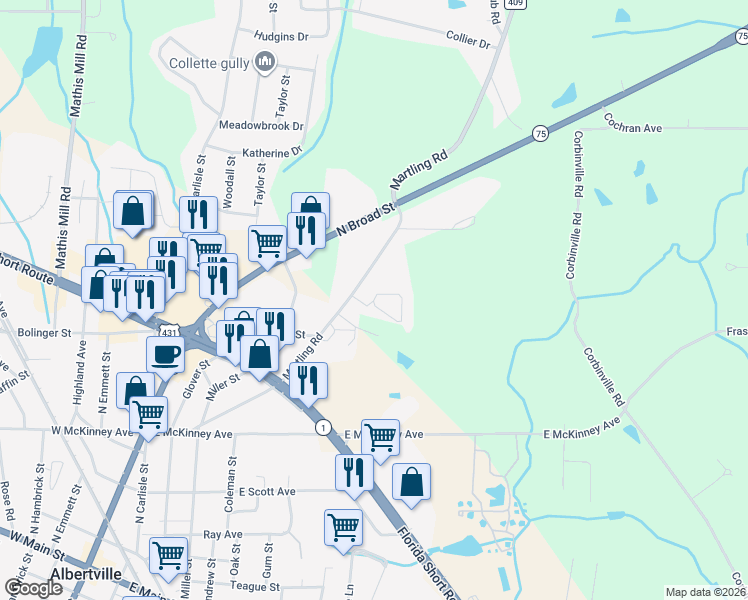 map of restaurants, bars, coffee shops, grocery stores, and more near 8 Ashbrook Lane in Albertville