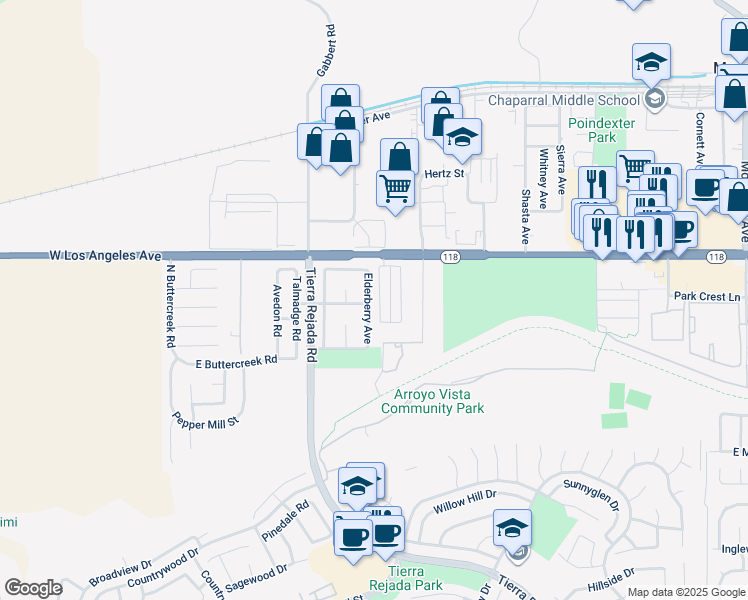 map of restaurants, bars, coffee shops, grocery stores, and more near 4806 Elderberry Avenue in Moorpark