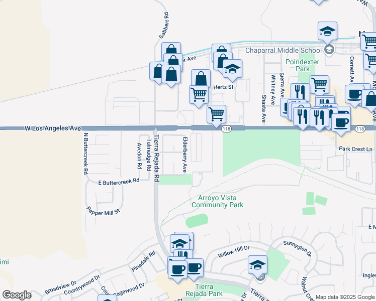 map of restaurants, bars, coffee shops, grocery stores, and more near 4806 Elderberry Avenue in Moorpark