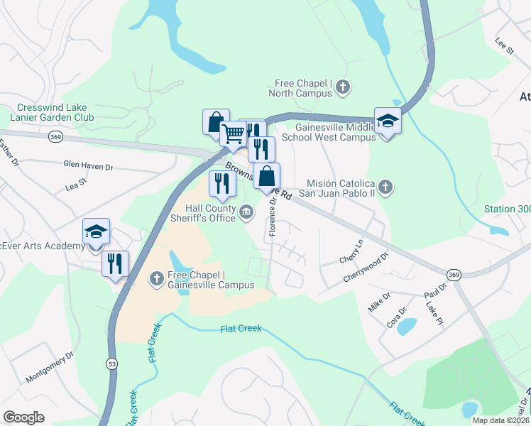map of restaurants, bars, coffee shops, grocery stores, and more near 2803 Florence Drive in Gainesville