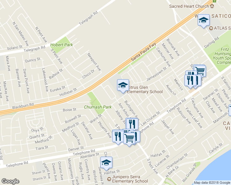 map of restaurants, bars, coffee shops, grocery stores, and more near 650 Charleston Place in Ventura