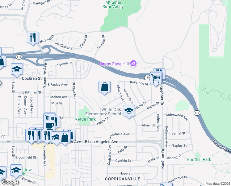 map of restaurants, bars, coffee shops, grocery stores, and more near 2372 Alscot Avenue in Simi Valley