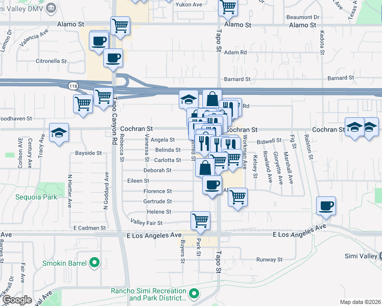 map of restaurants, bars, coffee shops, grocery stores, and more near 4292 Belinda Street in Simi Valley