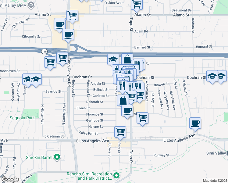 map of restaurants, bars, coffee shops, grocery stores, and more near 4292 Belinda Street in Simi Valley