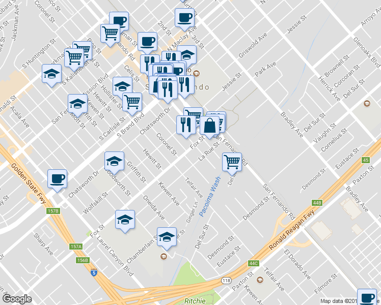 map of restaurants, bars, coffee shops, grocery stores, and more near 13966 Fox Street in San Fernando