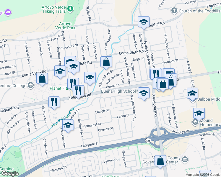 map of restaurants, bars, coffee shops, grocery stores, and more near 5490 Hunter Street in Ventura