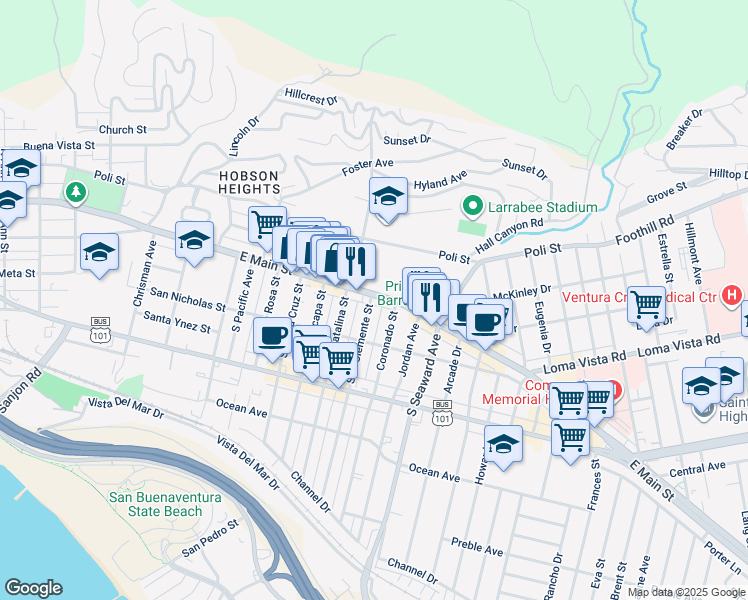 map of restaurants, bars, coffee shops, grocery stores, and more near 2 North Catalina Street in Ventura