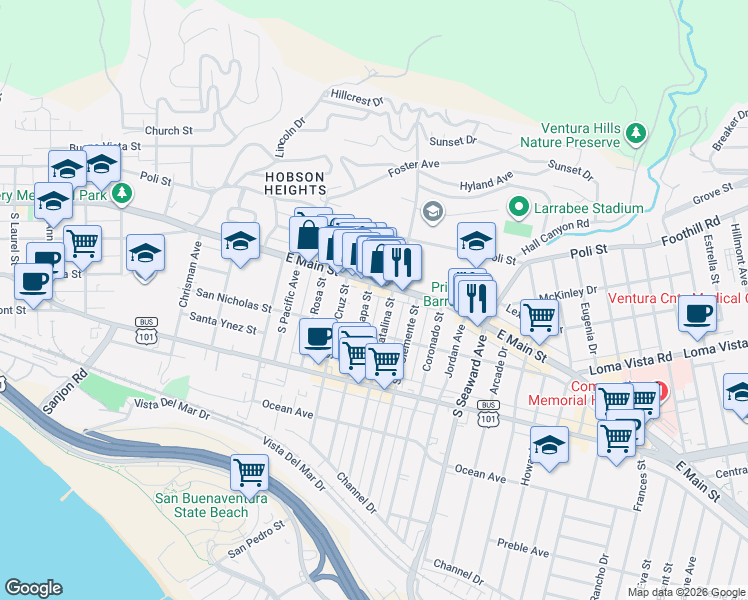map of restaurants, bars, coffee shops, grocery stores, and more near East Main Street in Ventura