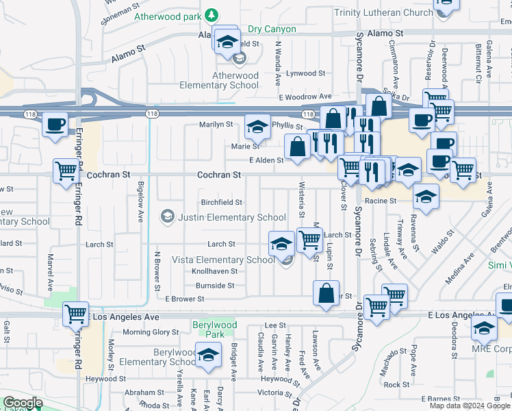 map of restaurants, bars, coffee shops, grocery stores, and more near 2321 Heather Street in Simi Valley