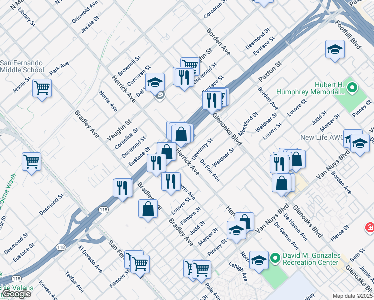 map of restaurants, bars, coffee shops, grocery stores, and more near 13226 Paxton Street in Los Angeles