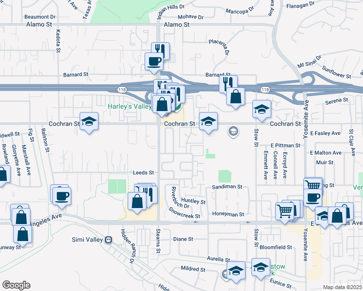 map of restaurants, bars, coffee shops, grocery stores, and more near 2327 Archwood Lane in Simi Valley