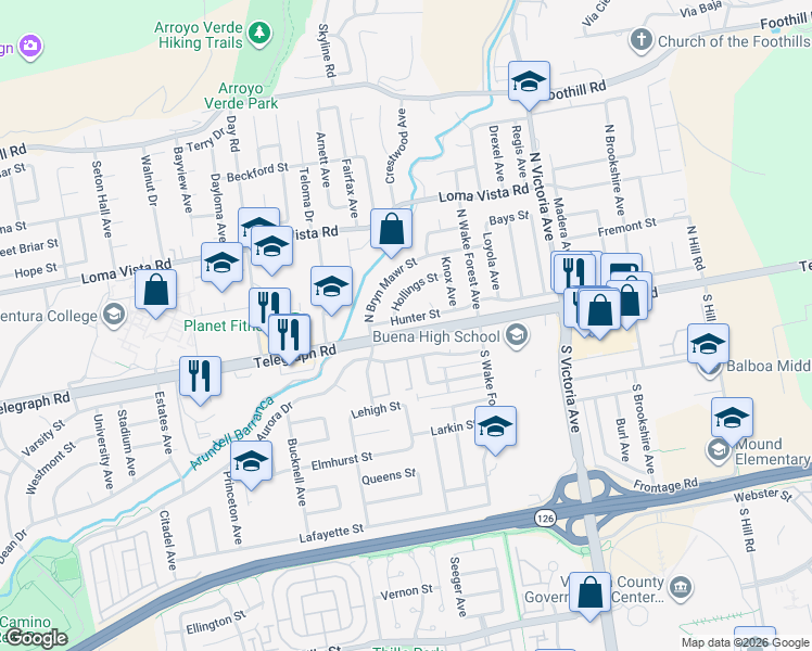 map of restaurants, bars, coffee shops, grocery stores, and more near 5490 Hunter Street in Ventura