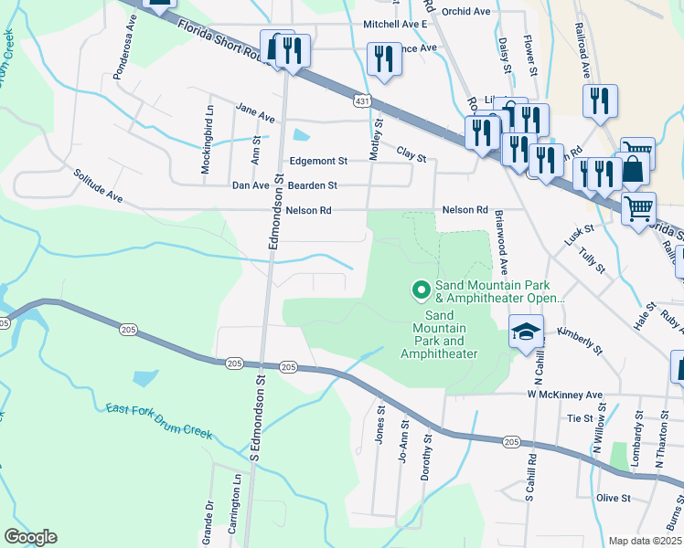 map of restaurants, bars, coffee shops, grocery stores, and more near 918 Leyland Drive in Albertville