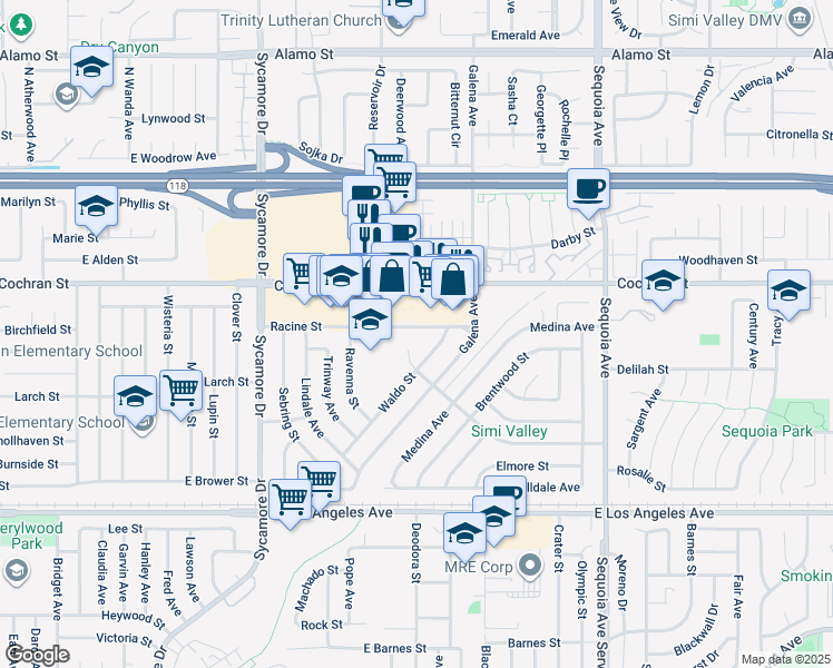 map of restaurants, bars, coffee shops, grocery stores, and more near 3006 Racine Street in Simi Valley
