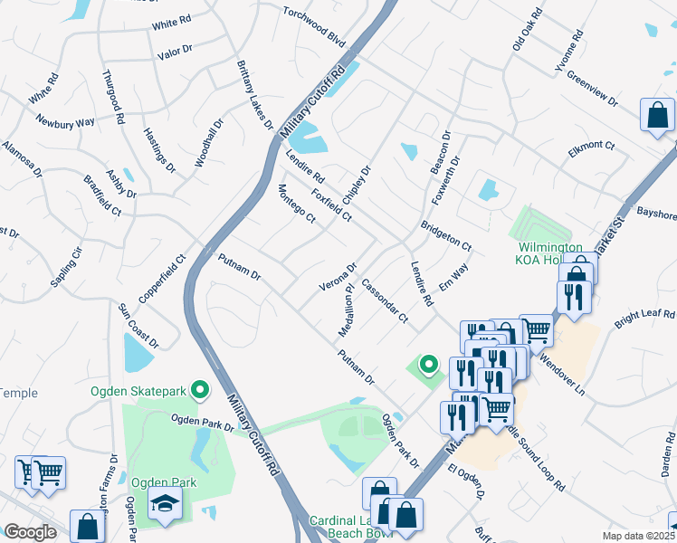 map of restaurants, bars, coffee shops, grocery stores, and more near 7221 Verona Drive in Wilmington