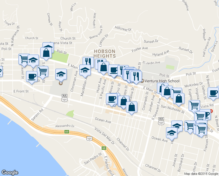 map of restaurants, bars, coffee shops, grocery stores, and more near 95 South Santa Rosa Street in Ventura