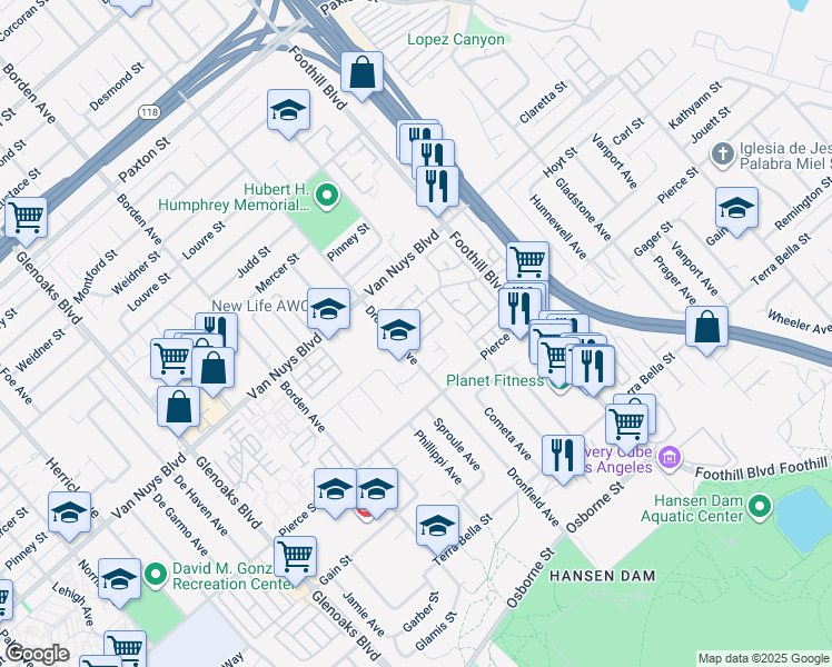 map of restaurants, bars, coffee shops, grocery stores, and more near 11331 Dronfield Terrace in Los Angeles