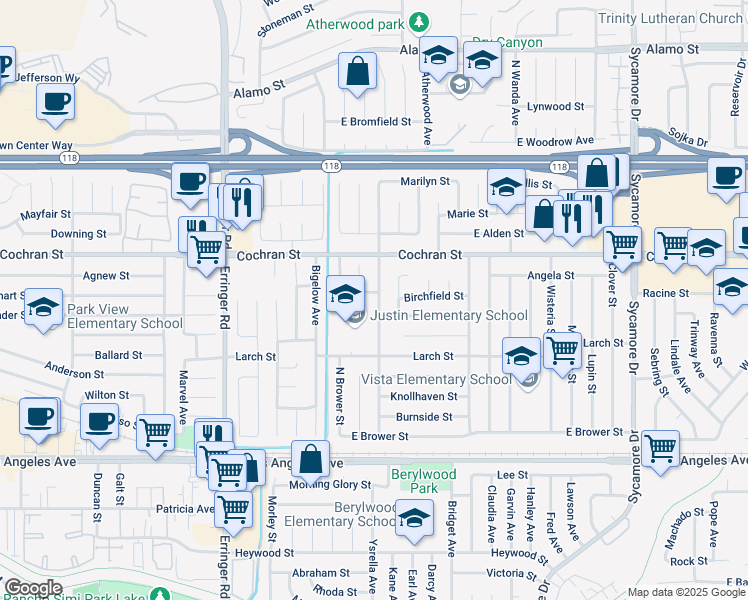 map of restaurants, bars, coffee shops, grocery stores, and more near 2355 North Justin Avenue in Simi Valley