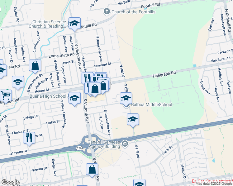 map of restaurants, bars, coffee shops, grocery stores, and more near 5 South Hill Road in Ventura